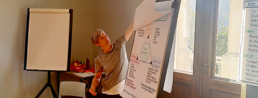 Trainerin beim Workshop mit Flipchart